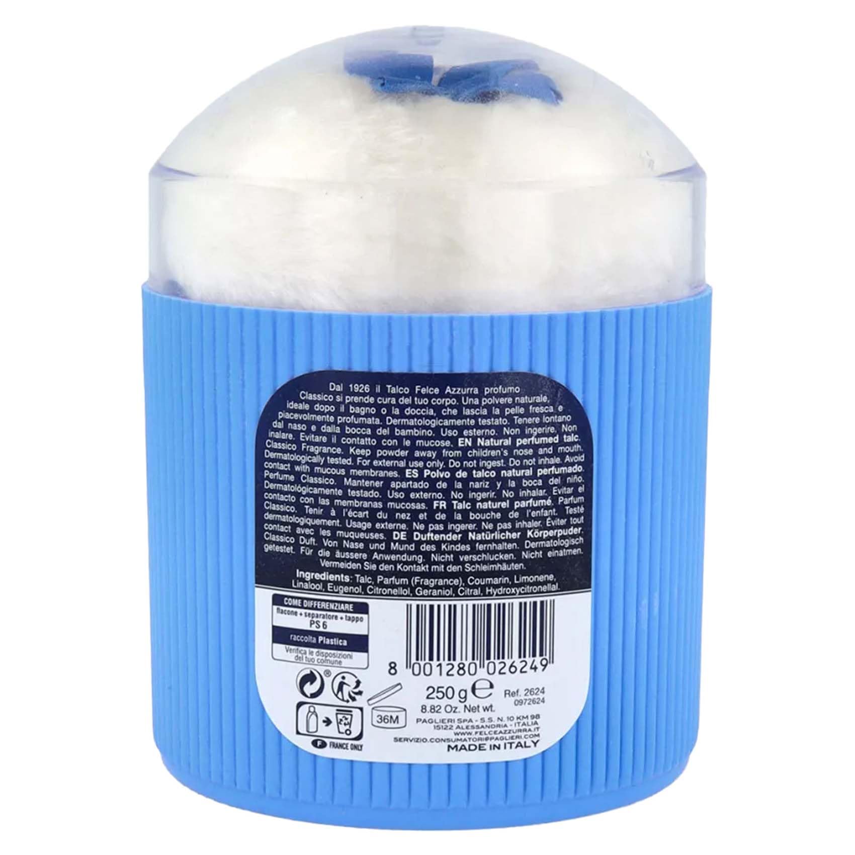 Close up view of the fine texture of Felce Azzurra Italian talc powder being used with its soft applicator.