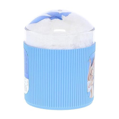 Felce Azzurra classic scent talcum powder placed next to the soft pink duvet puff for daily personal care.