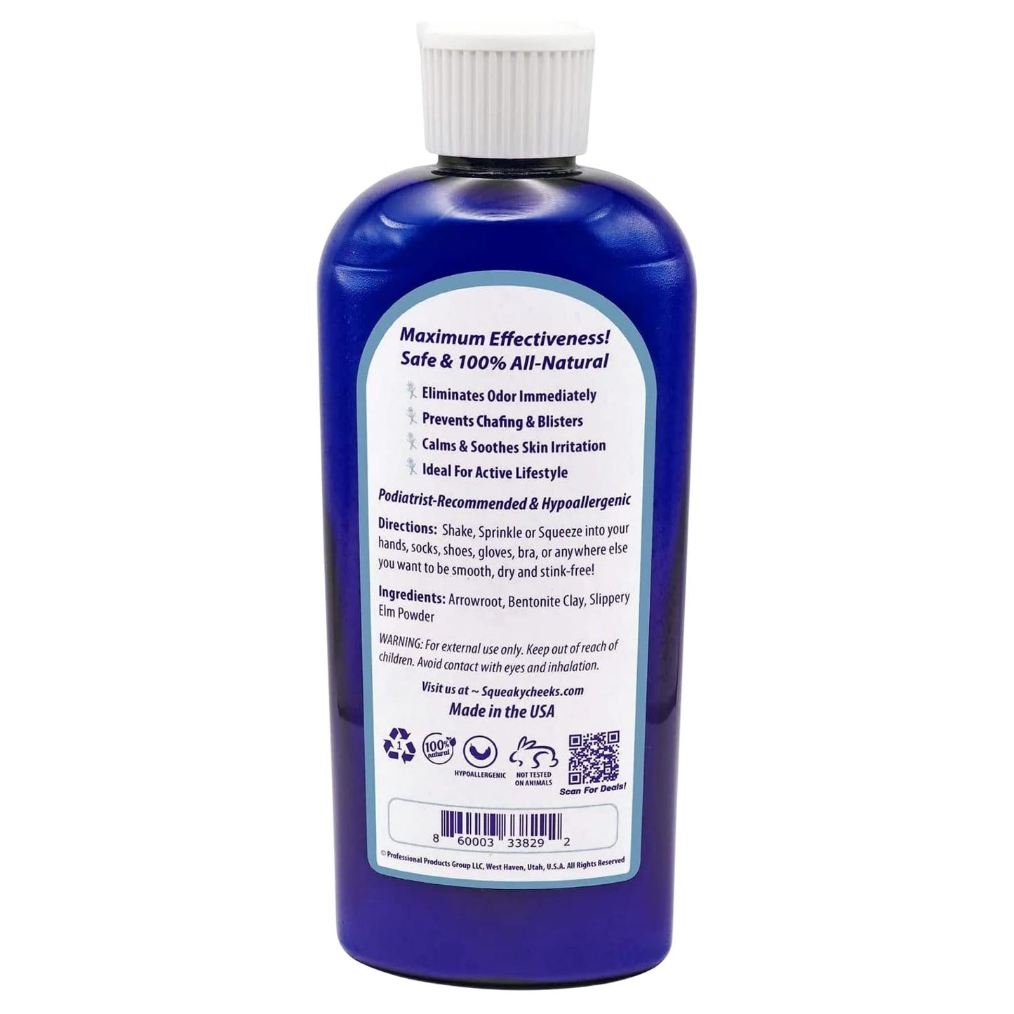 Squeaky Cheeks fragrance free body powder for sensitive skin packaging details