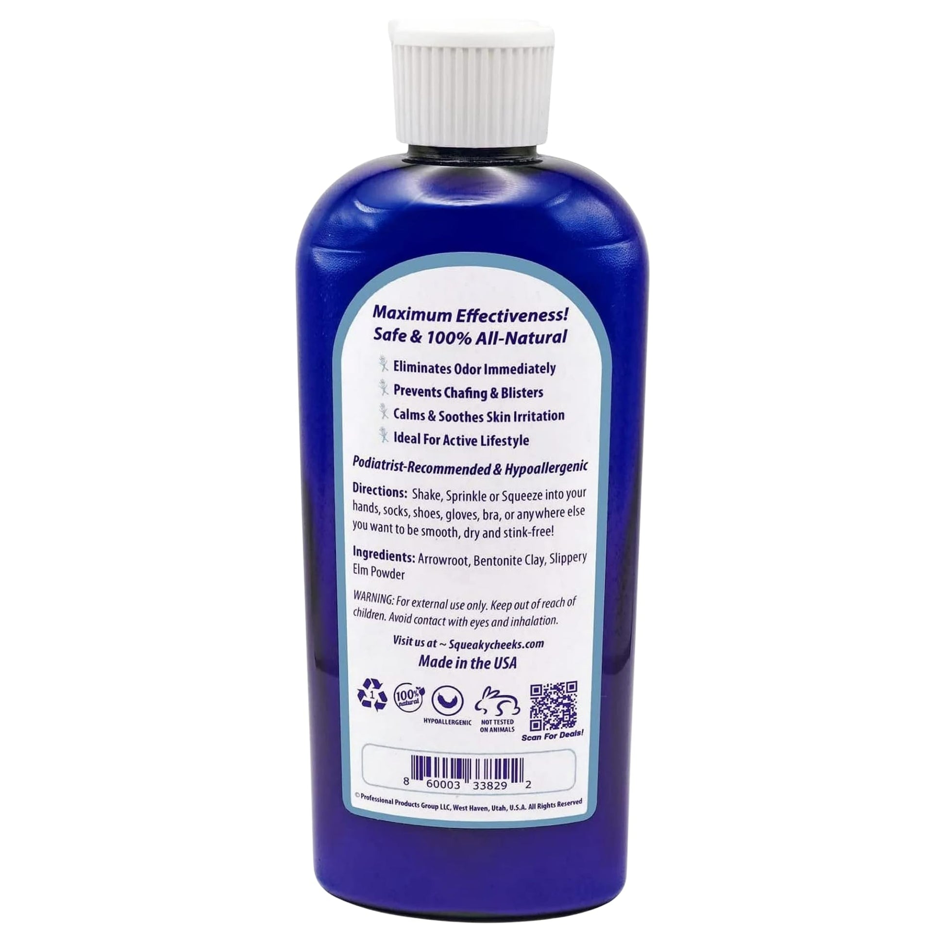 Squeaky Cheeks fragrance free body powder for sensitive skin packaging details