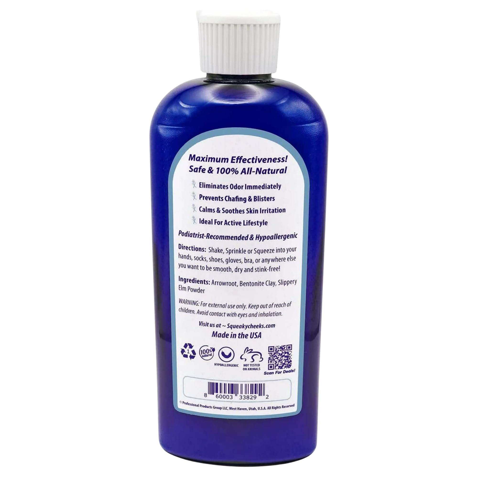 Squeaky Cheeks fragrance free body powder for sensitive skin packaging details