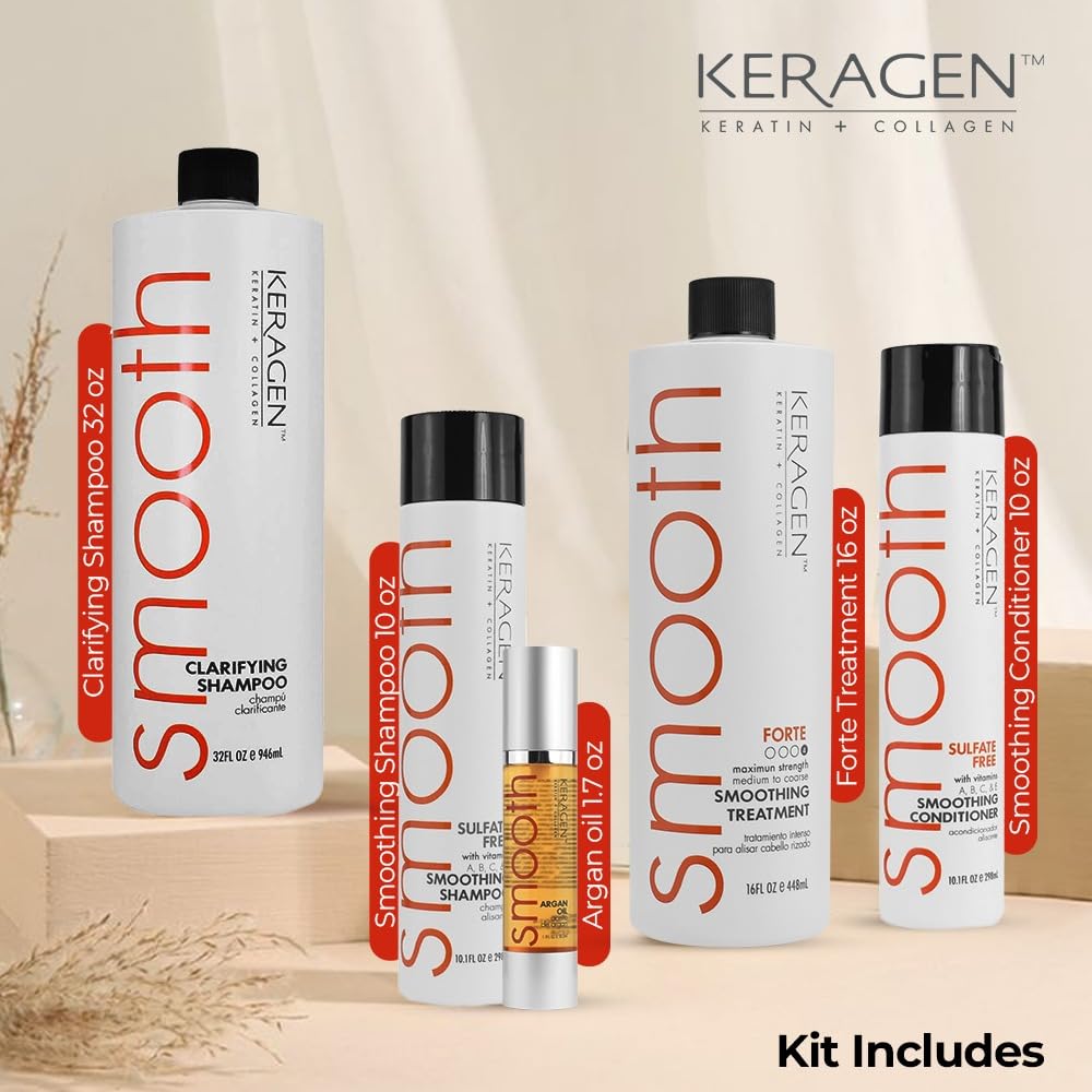 Keragen clarifying shampoo and smoothing treatment bottles