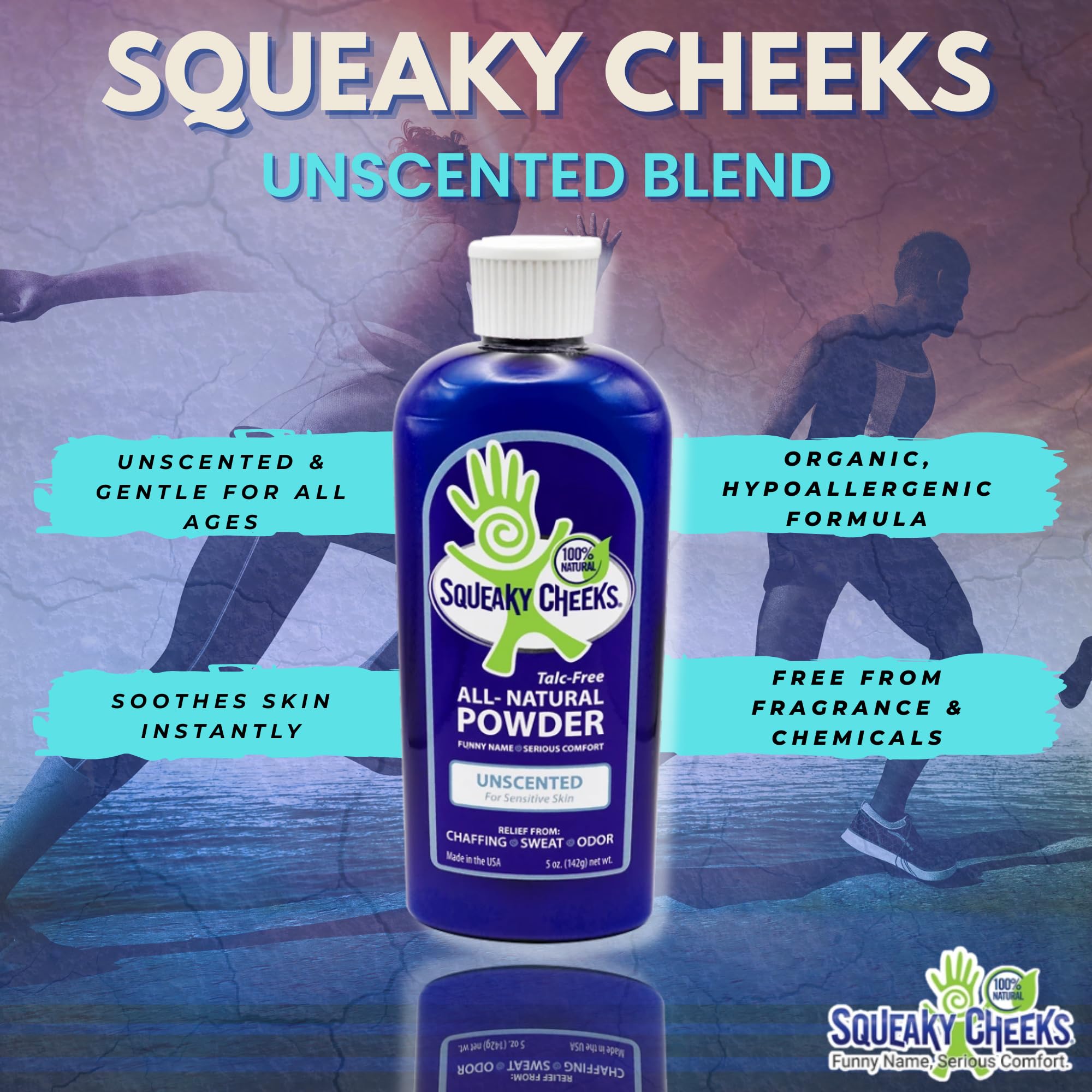 All natural unscented body and foot powder by Squeaky Cheeks