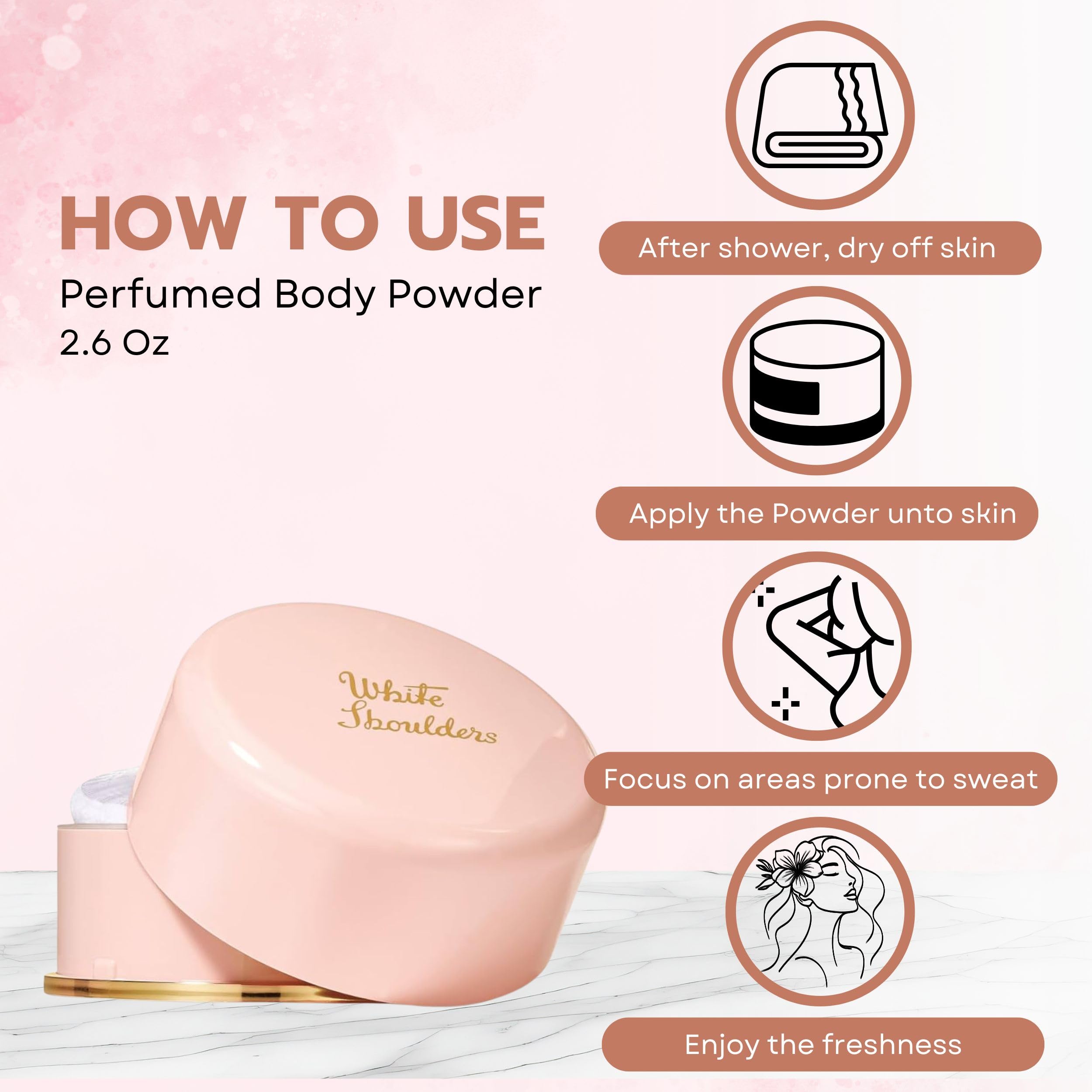 Top view of the elegant Evyan White Shoulders luxurious bath powder container.