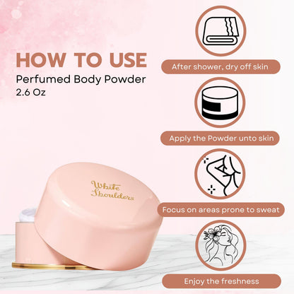 Top view of the elegant Evyan White Shoulders luxurious bath powder container.