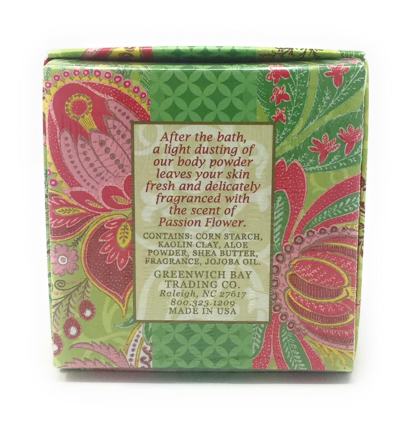 Greenwich Bay passion flower and olive oil body powder box opened showing soft puff