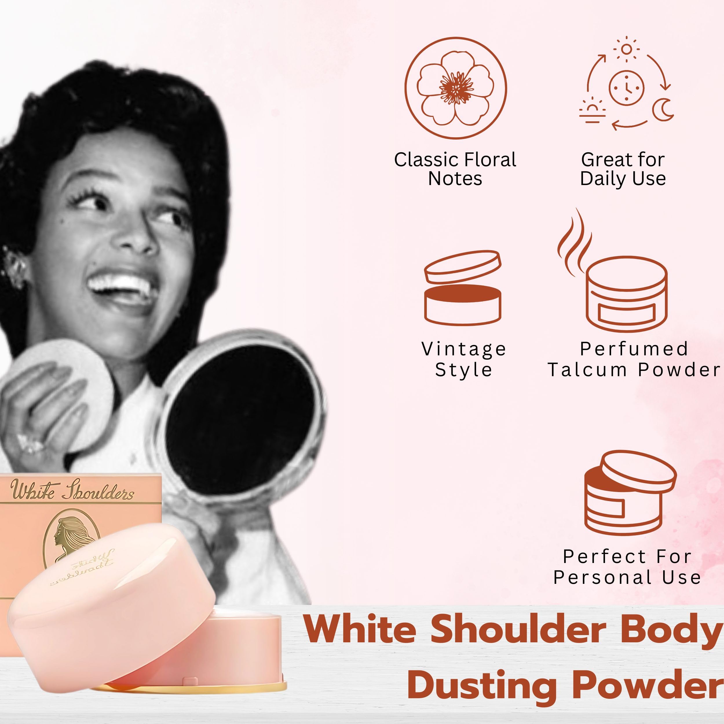 Evyan White Shoulders scented body talc highlighting the authentic imported product text.