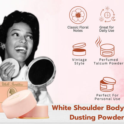 Evyan White Shoulders scented body talc highlighting the authentic imported product text.