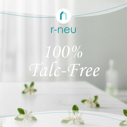 Side profile of the R-NEU luminous lemon scented body powder packaging highlighting the five ounce size.
