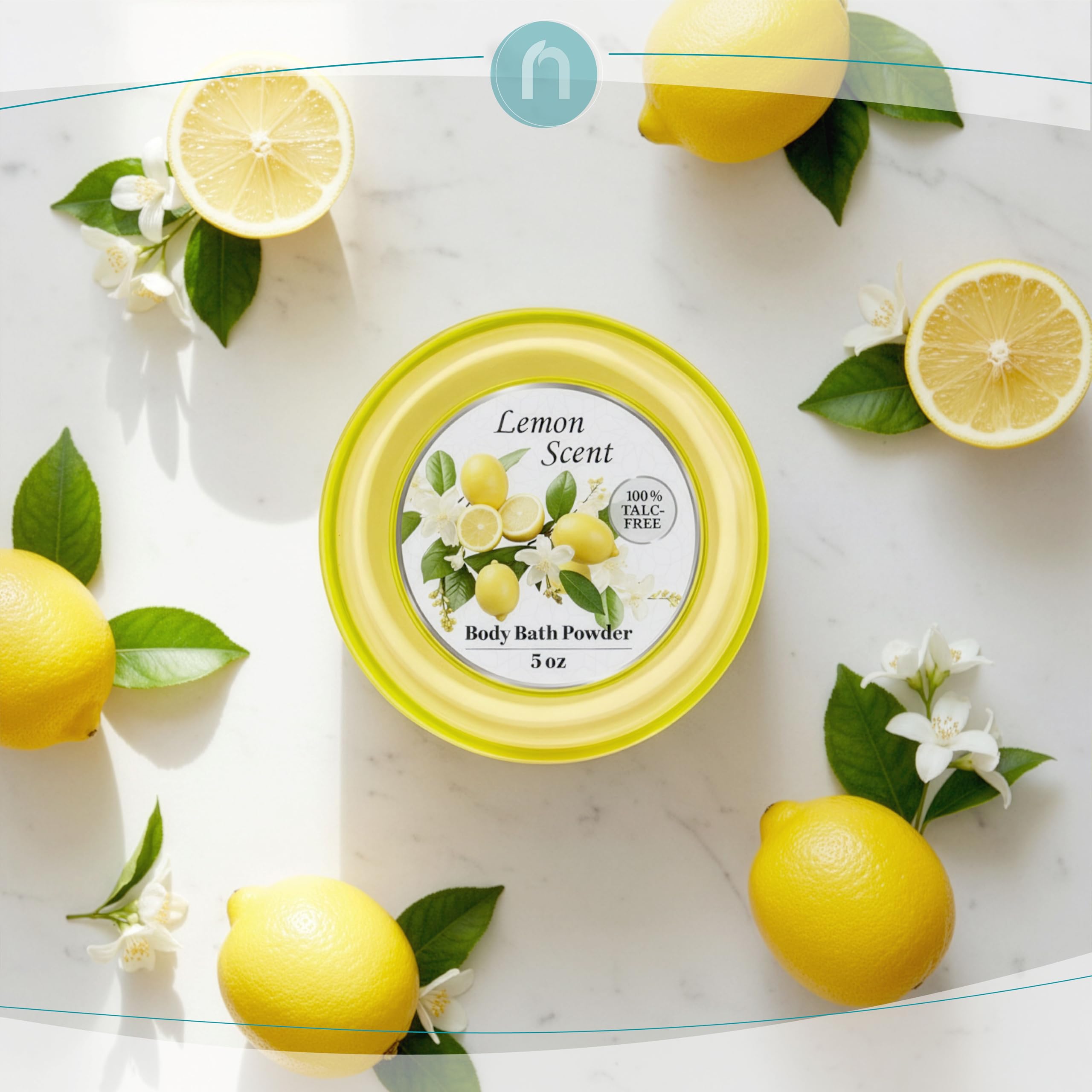 R-NEU body powder container open showcasing the smooth texture of the talc free formulation.