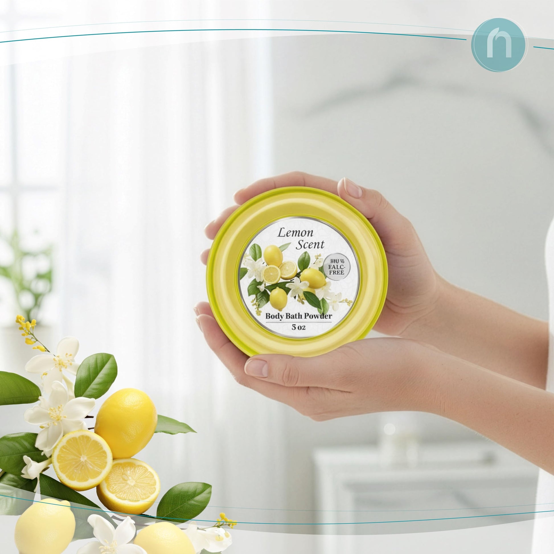 Back label of the R-NEU lemon scented body powder showing safety information and product details.