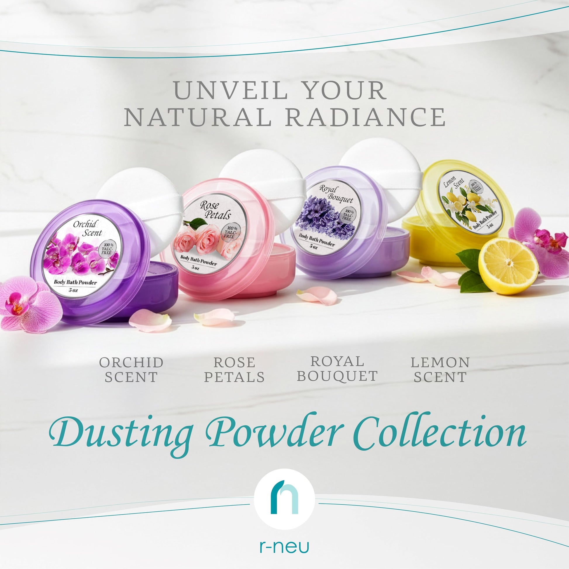 Lifestyle shot of the R-NEU women's dusting powder next to a bath towel emphasizing post-shower freshness.
