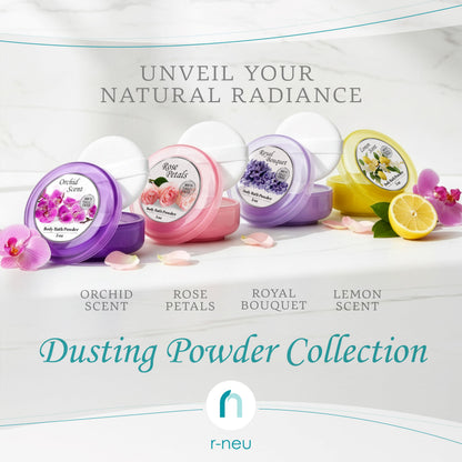 Lifestyle shot of the R-NEU women's dusting powder next to a bath towel emphasizing post-shower freshness.