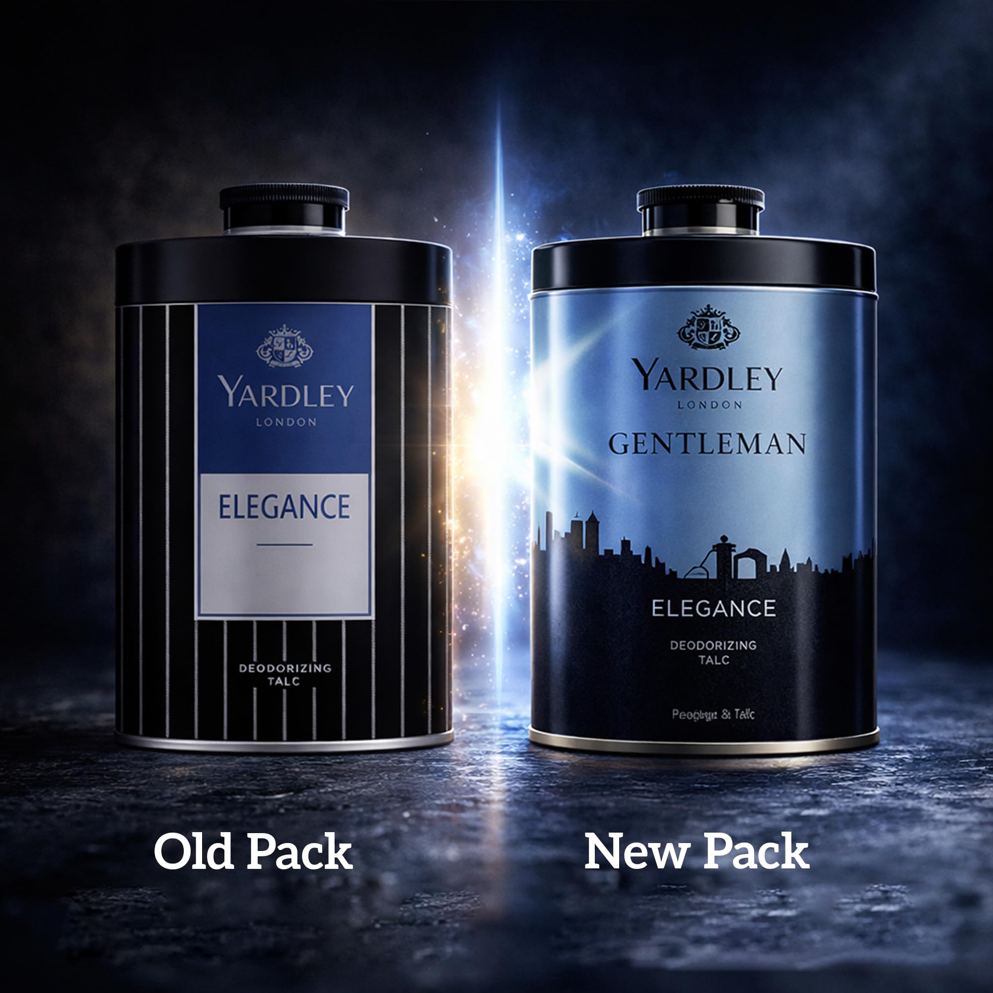 Yardley Elegance men body powder packaging showing the premium gold range design
