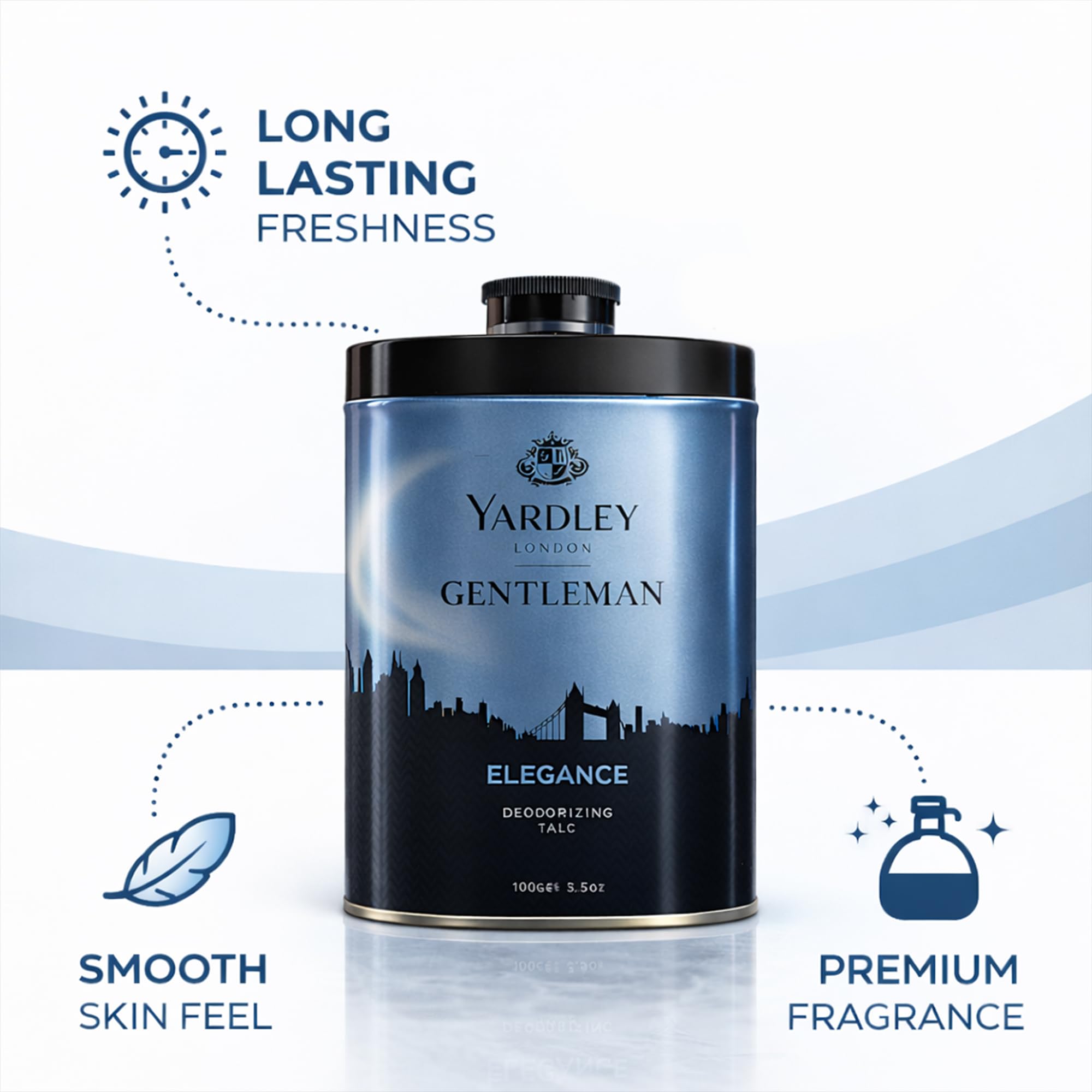 Back label details of Yardley London Elegance 100 grams perfumed talc showing ingredients