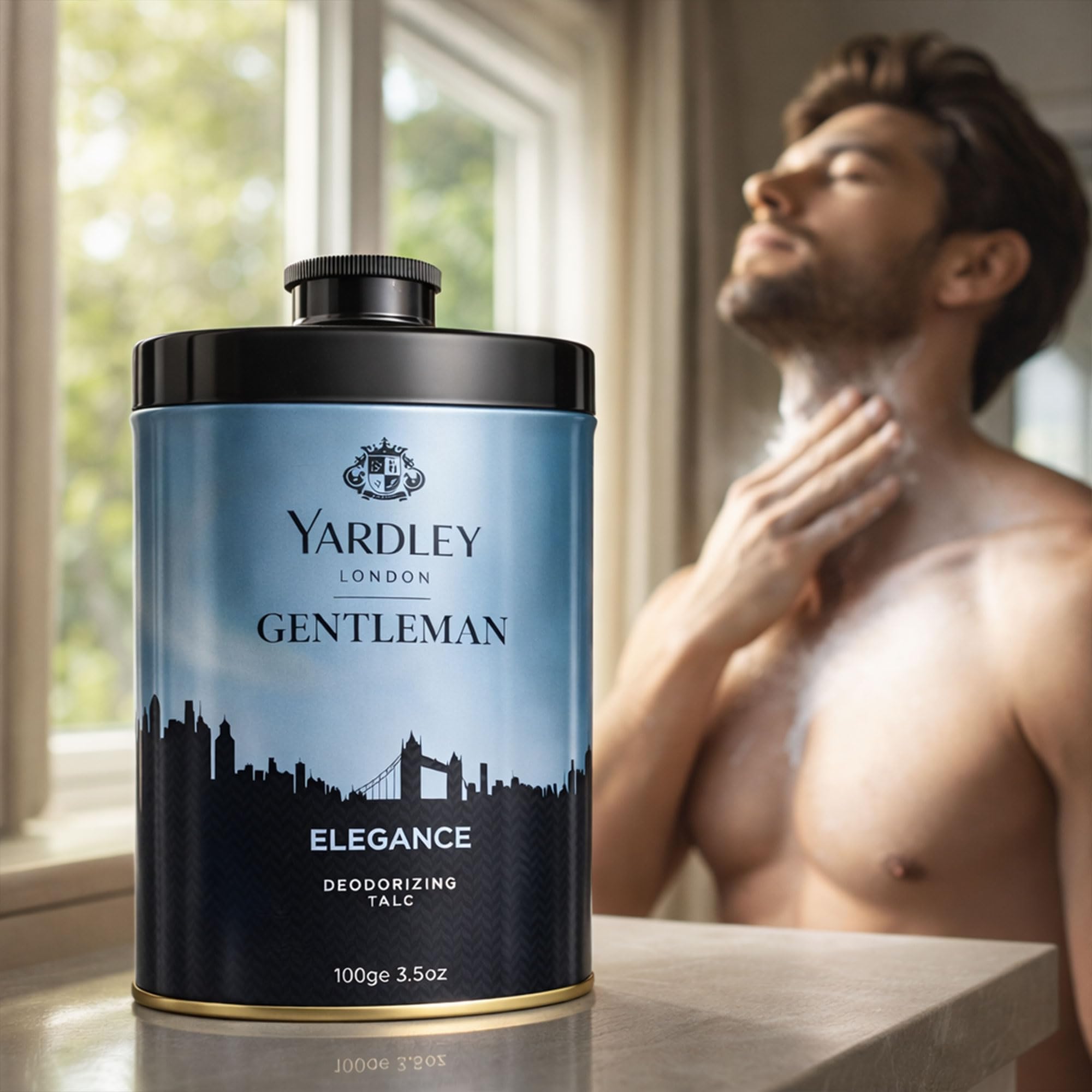 Authentic Yardley Elegance luxury deodorizing talc canister on a clean background