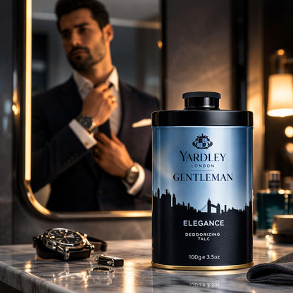 Yardley London Elegance deodorizing powder displaying the aromatic fougere product details
