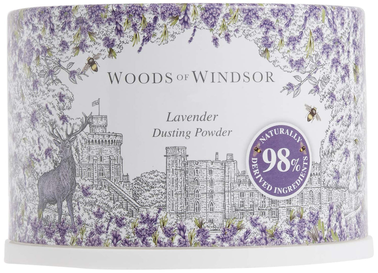 Woods Of Windsor luxury body powder container with soft application puff displayed