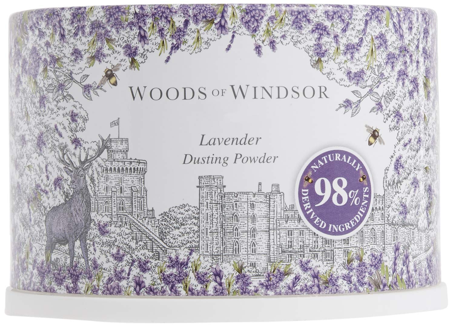 Woods Of Windsor luxury body powder container with soft application puff displayed