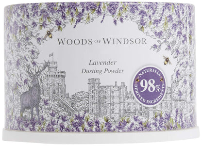 Woods Of Windsor luxury body powder container with soft application puff displayed