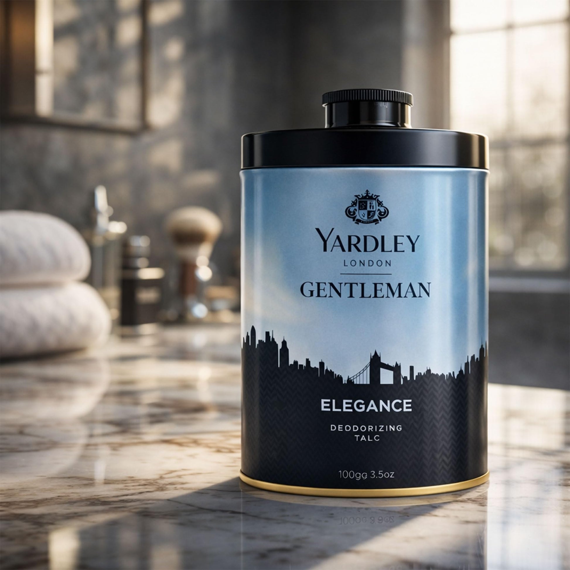 Side view of Yardley London Elegance 100g luxury men talc container