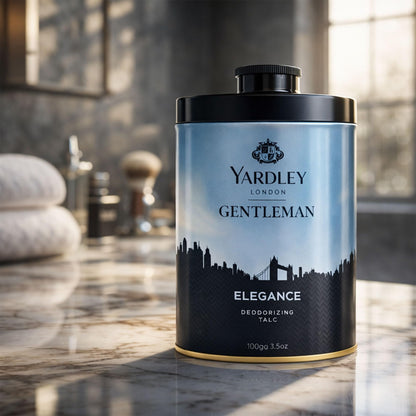 Side view of Yardley London Elegance 100g luxury men talc container
