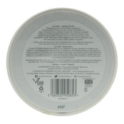 Imported lavender scented body talc for women showing the 3.5 Ounce box