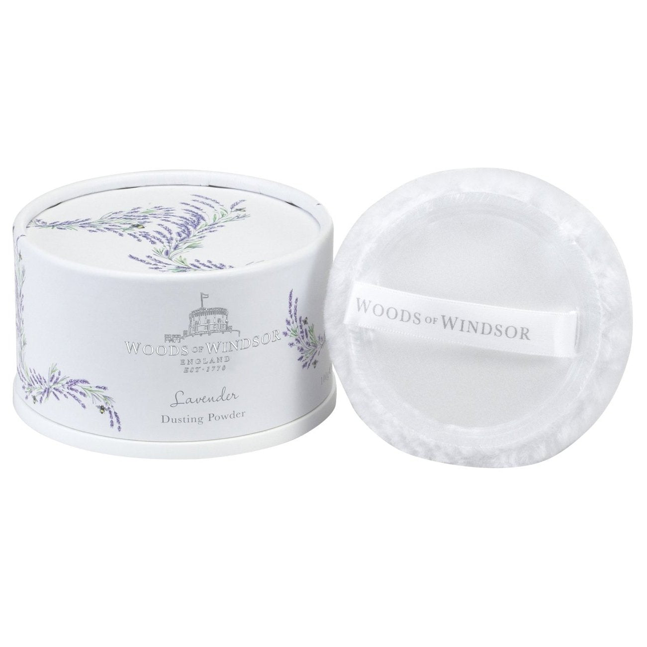 Luxury English heritage lavender body dusting powder set with white puff