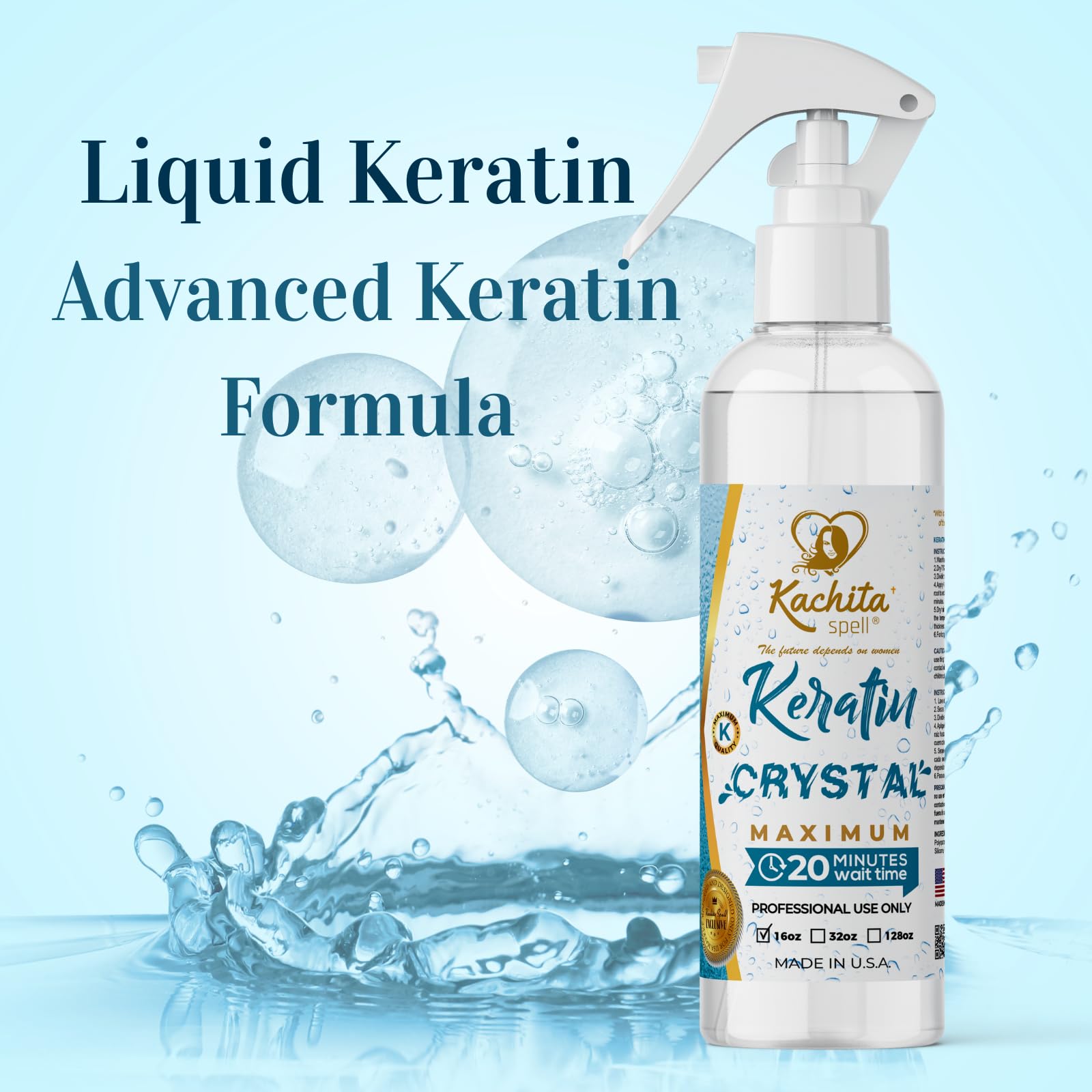 Close up of Kachita Spell Keratin treatment spray bottle