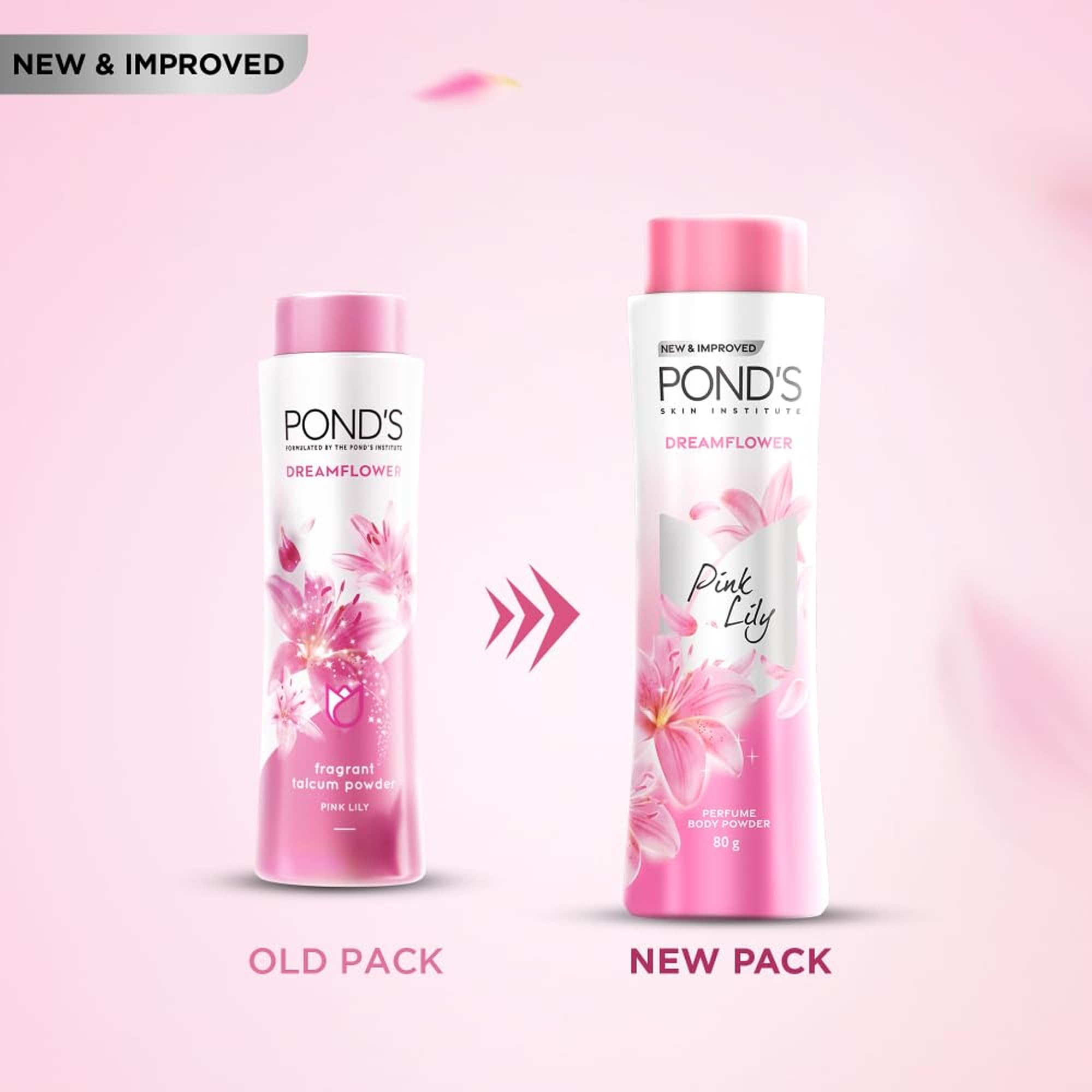POND'S Dreamflower Pink Lily scent body powder for oil control and sweat absorption.
