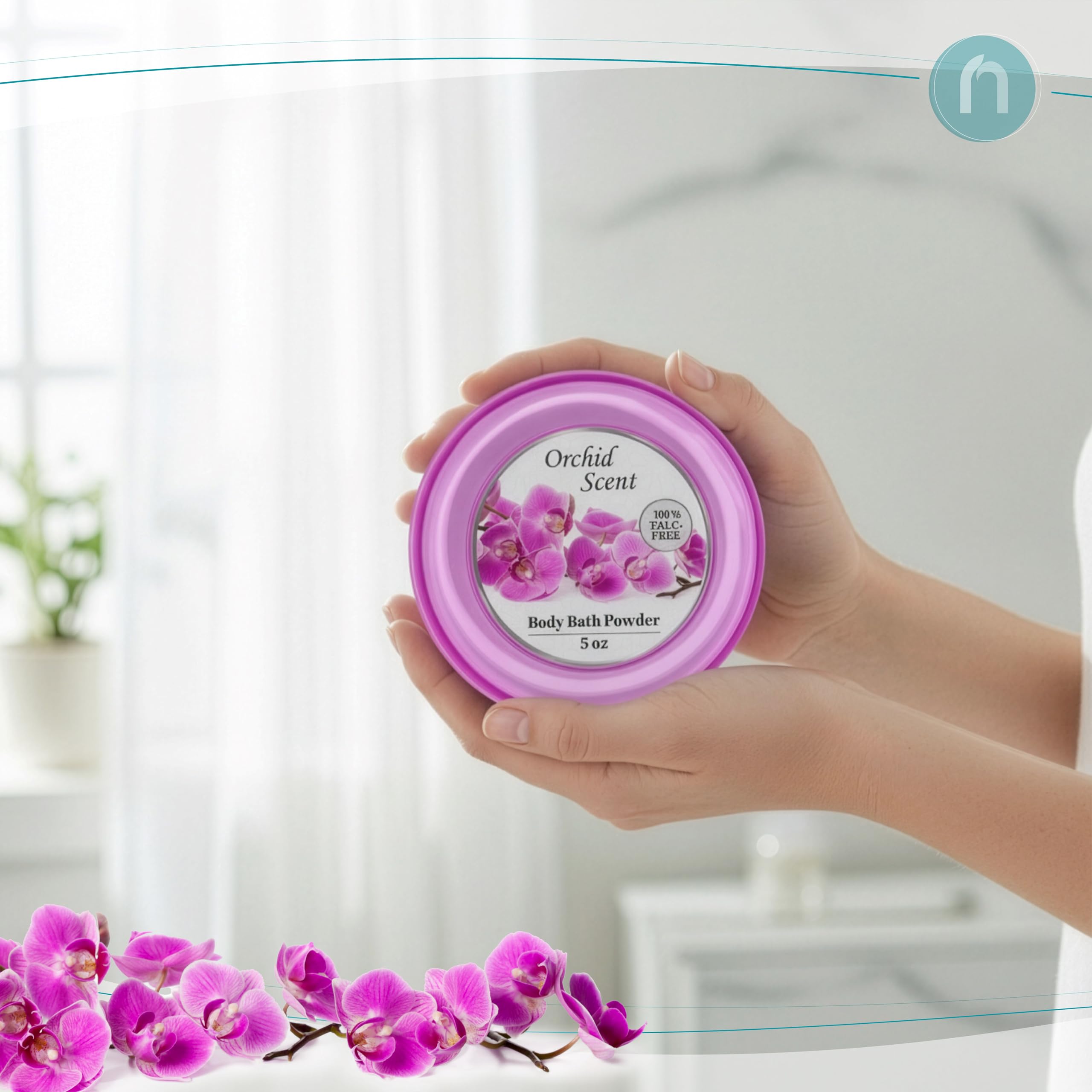 R-NEU women personal care dusting powder container lid open view