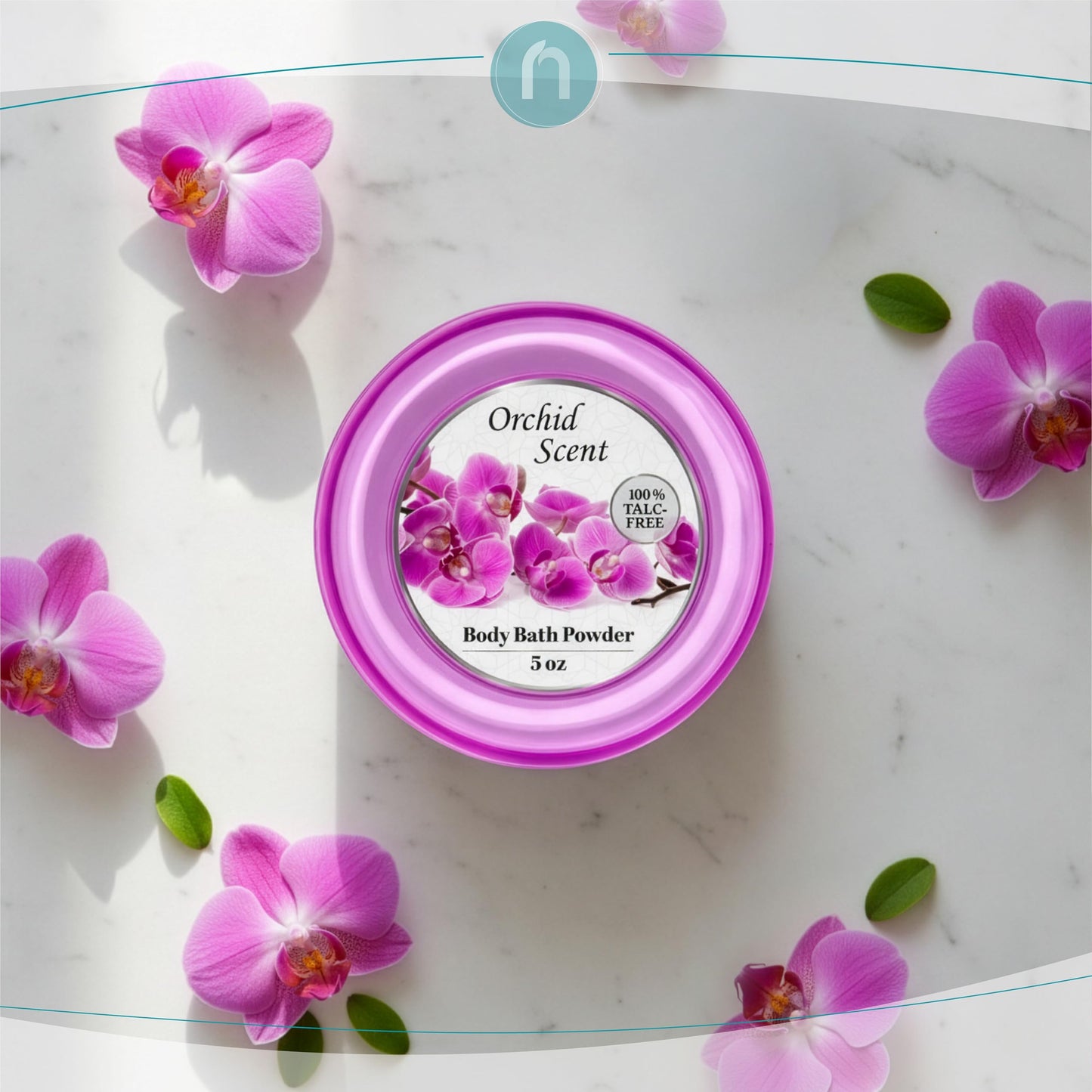 R-NEU 5 ounce majestic orchid luxury body powder close up shot