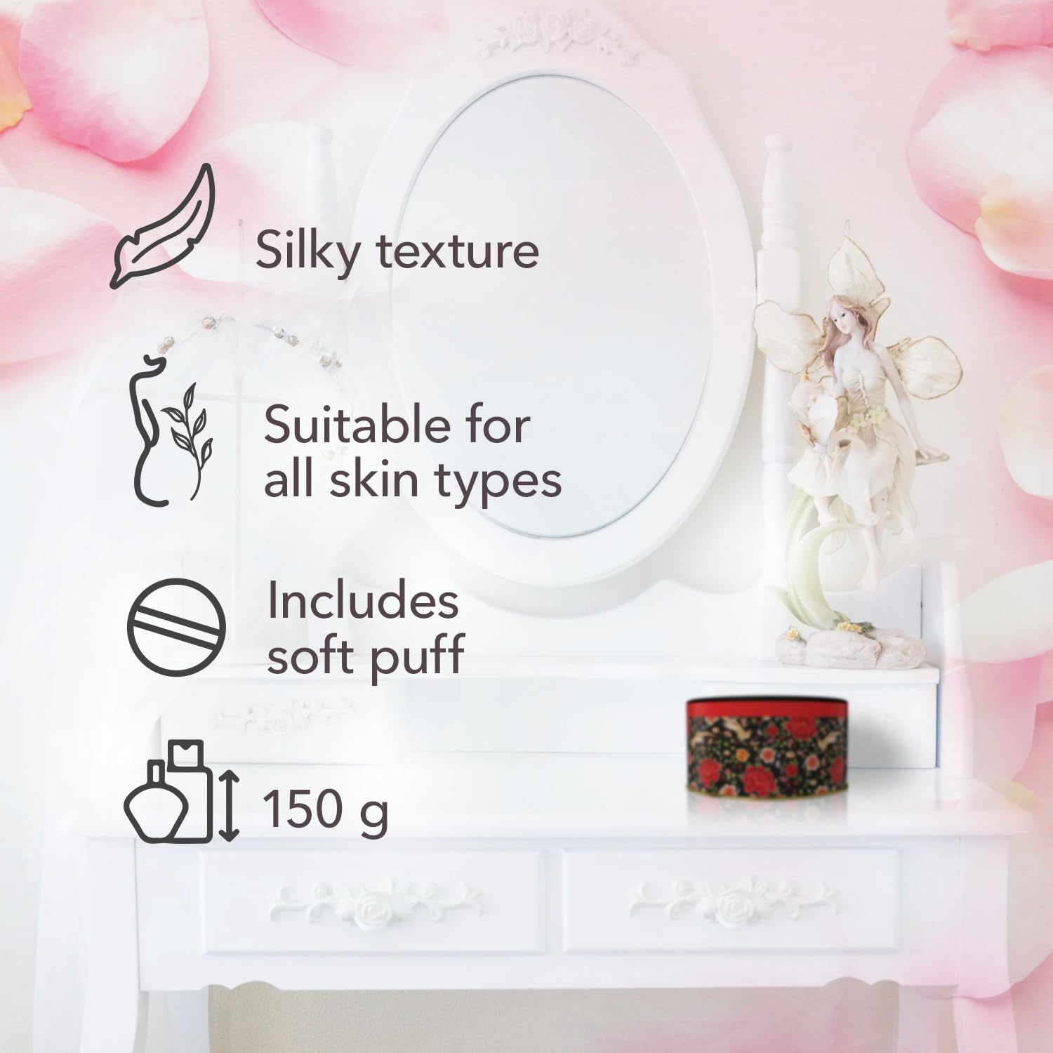 Luxury floral packaging of Maja fragrance dusting powder side view