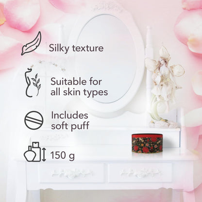 Luxury floral packaging of Maja fragrance dusting powder side view