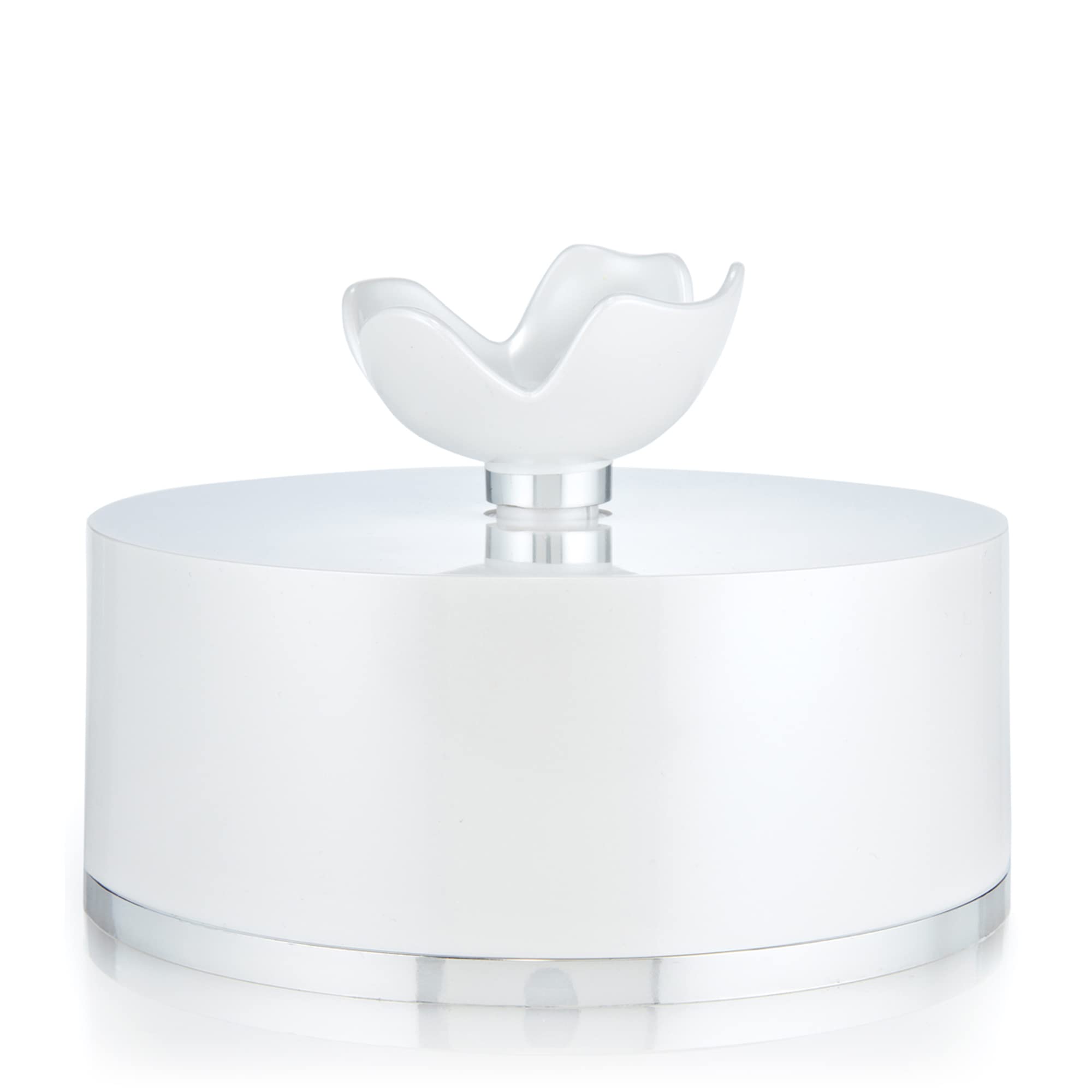 Luxury fine talc dusting powder container open to display the plush puff applicator inside