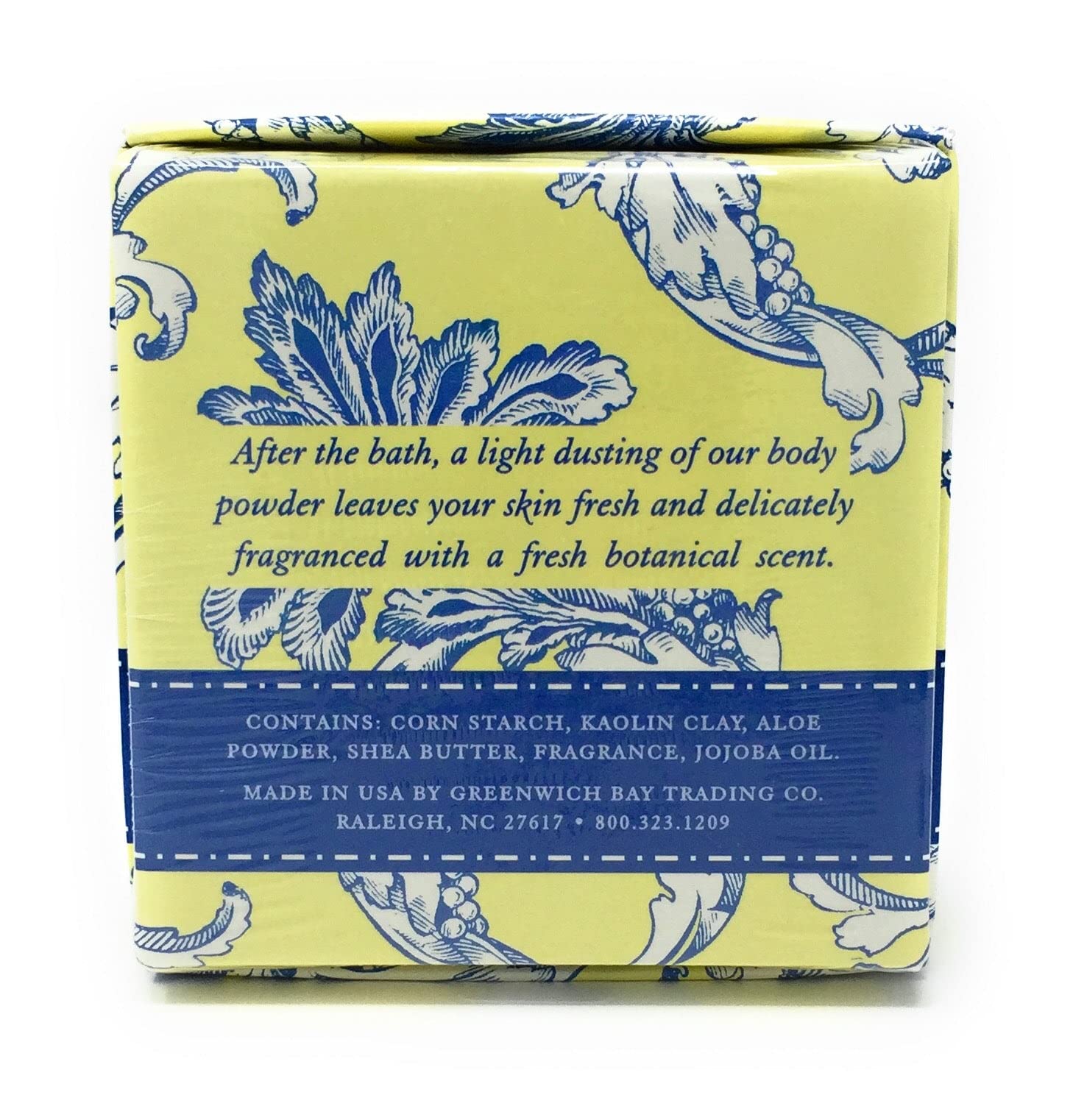 Greenwich Bay luxury talc free body powder package with premium application puff displayed