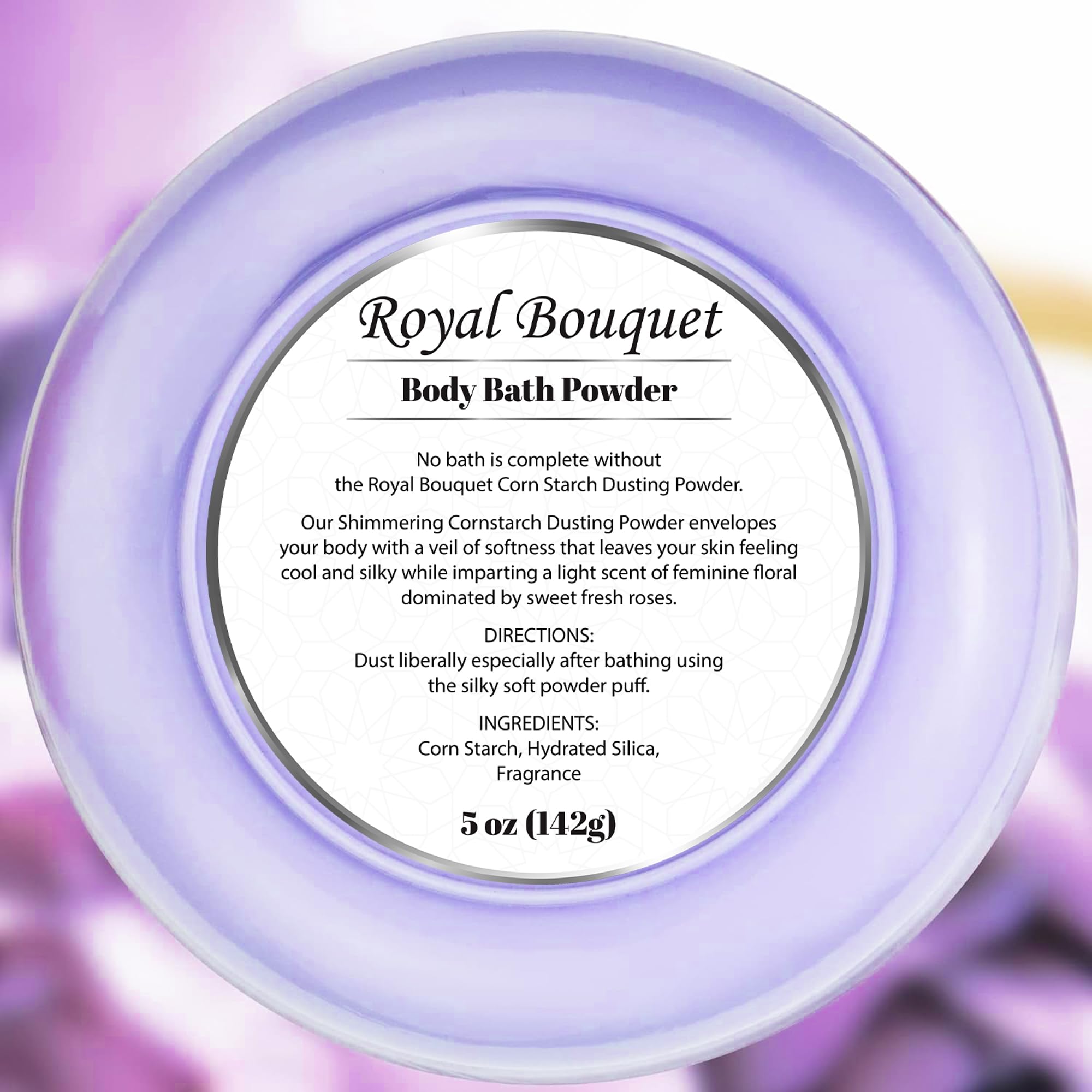 Side angle view of the five ounce R-NEU scented body powder container highlighting product details.