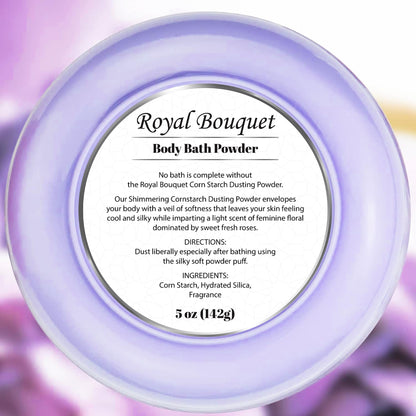 Side angle view of the five ounce R-NEU scented body powder container highlighting product details.