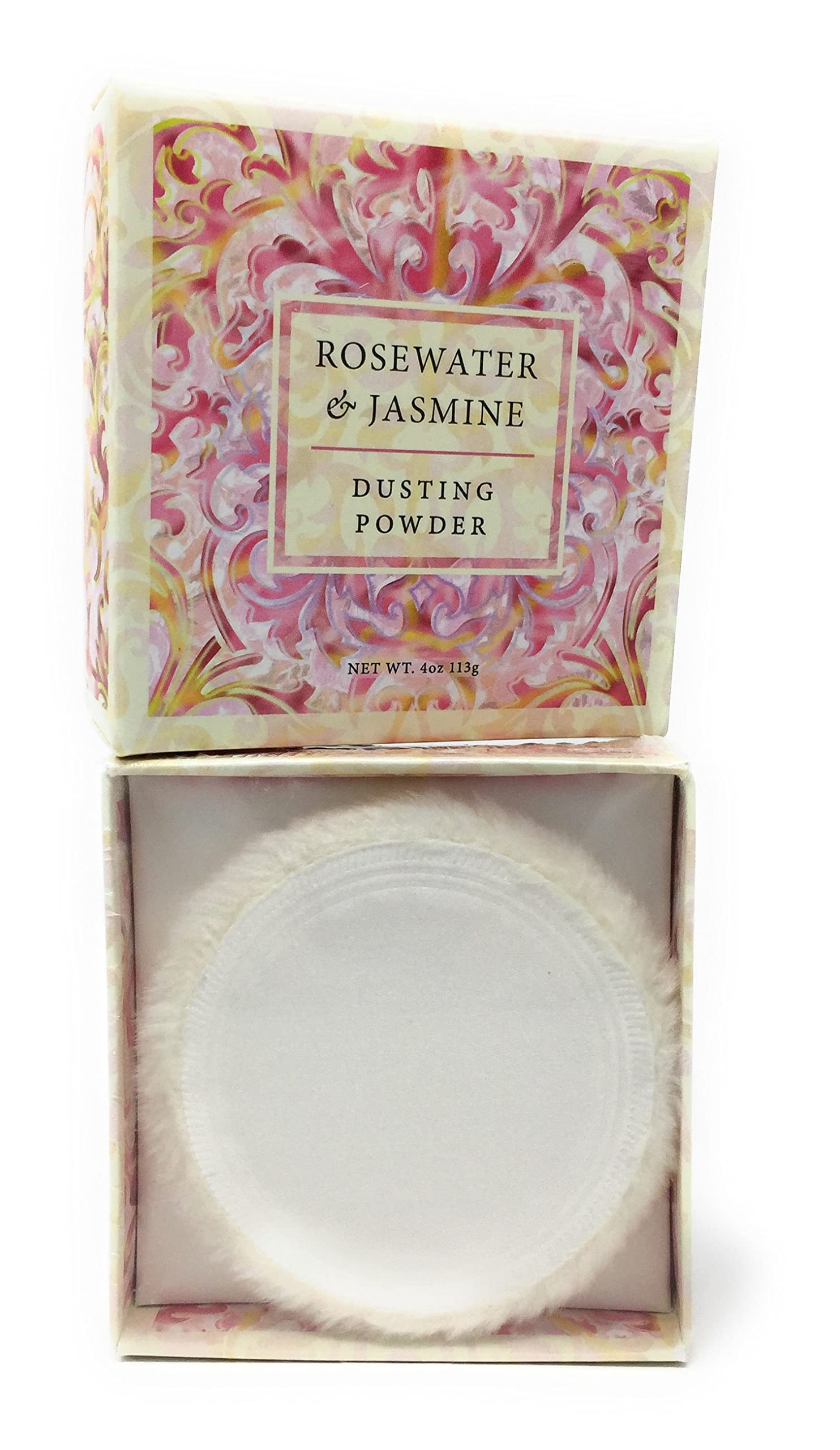 Imported Greenwich Bay Rosewater and Jasmine dusting powder container open showing the soft applicator puff
