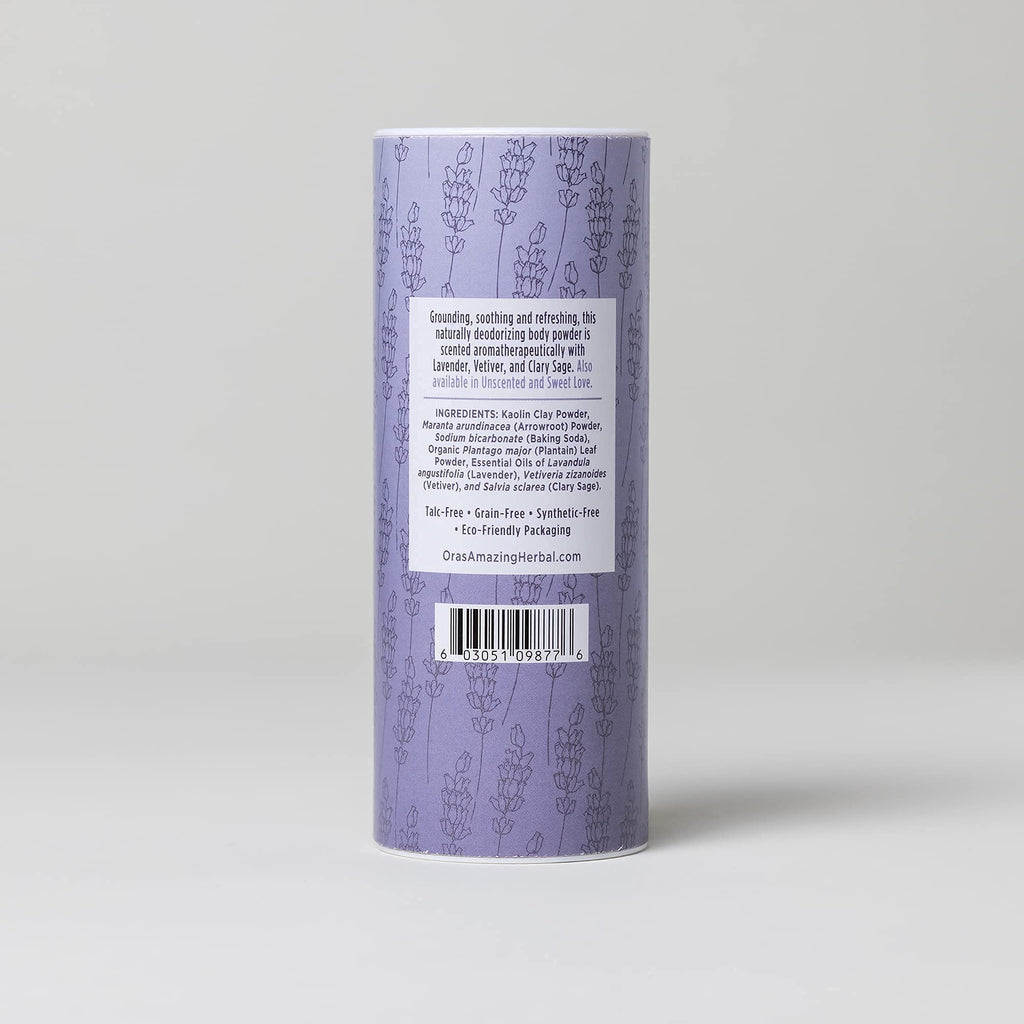 Botanical non toxic body powder close up showing natural ingredients list