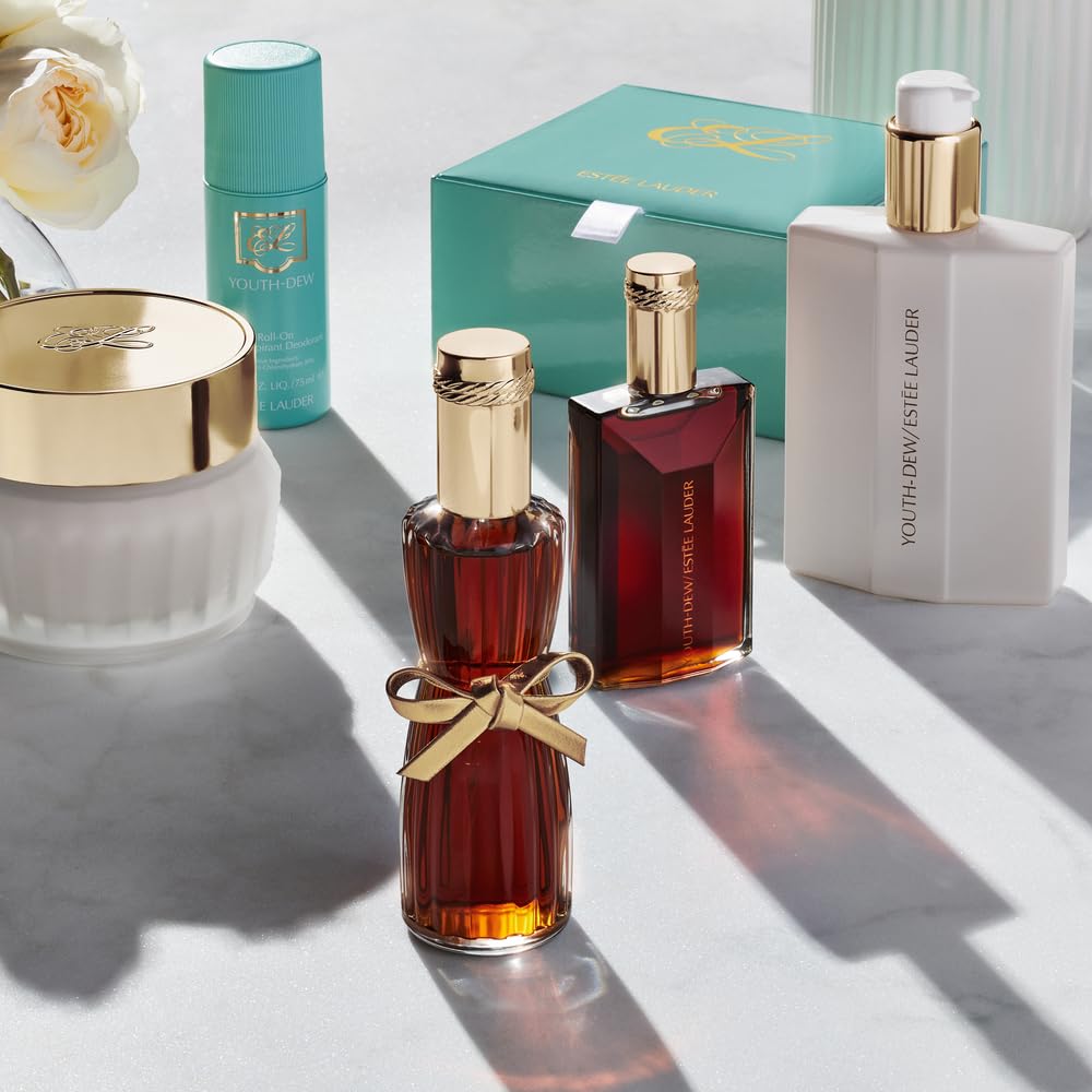 Side profile of the 7 Ounce Estée Lauder Youth-Dew perfumed body powder container showcasing product details.