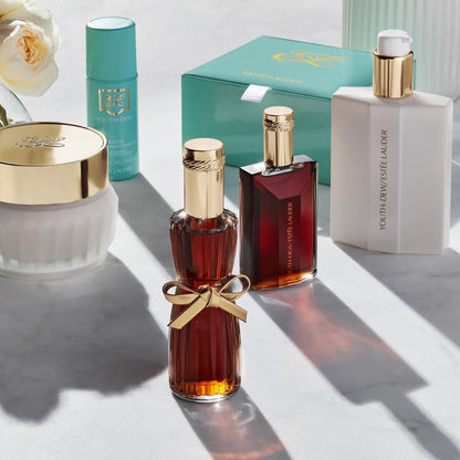 Side profile of the 7 Ounce Estée Lauder Youth-Dew perfumed body powder container showcasing product details.