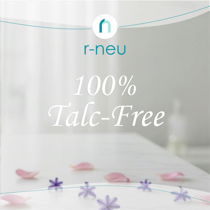 Two pack of R-NEU rose petal body powder for women displayed side by side