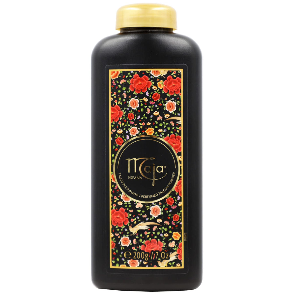 Maja body powder twin pack showing product dimensions and classic oriental scent labeling.