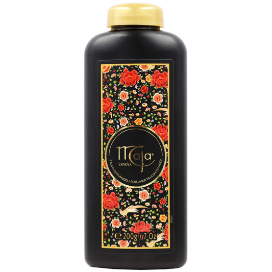 Maja body powder twin pack showing product dimensions and classic oriental scent labeling.