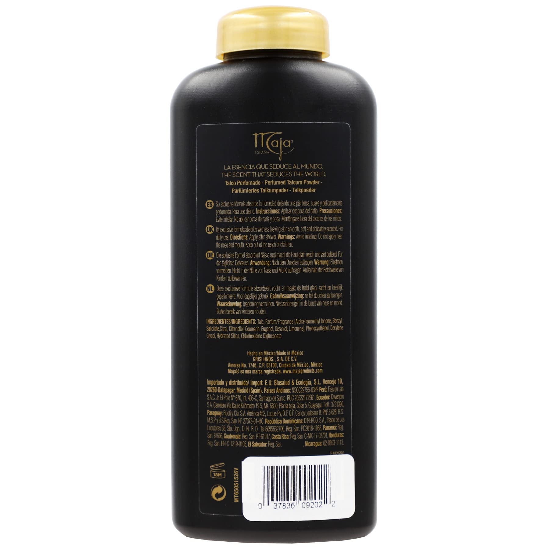 Imported Maja luxury perfumed talc bottles displaying product features for sweat absorption.