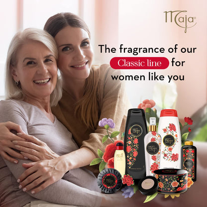 Two bottles of Maja perfumed talcum powder seven ounces each for smooth skin prep.