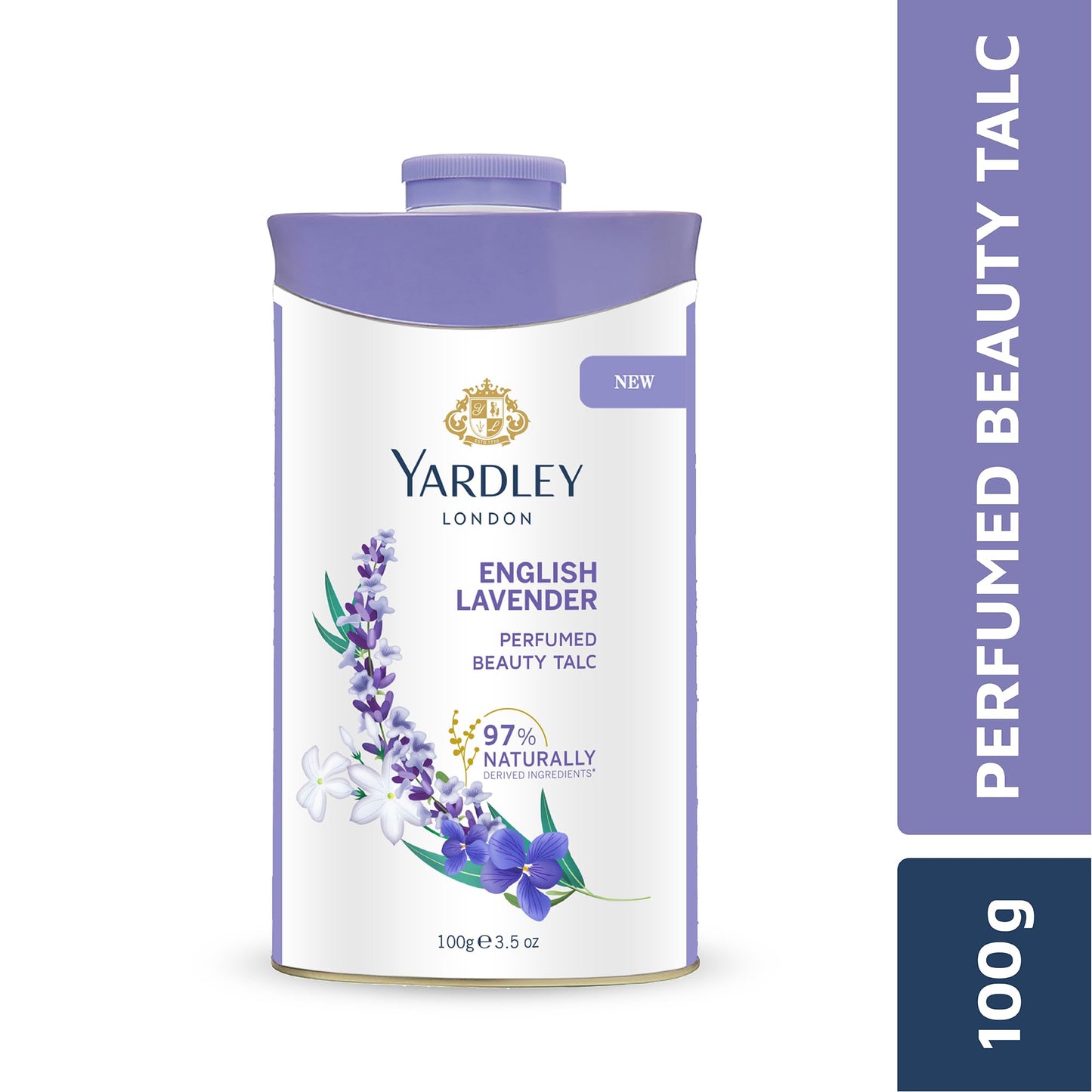 Luxury perfumed beauty talc bottle showing ingredients list on the back