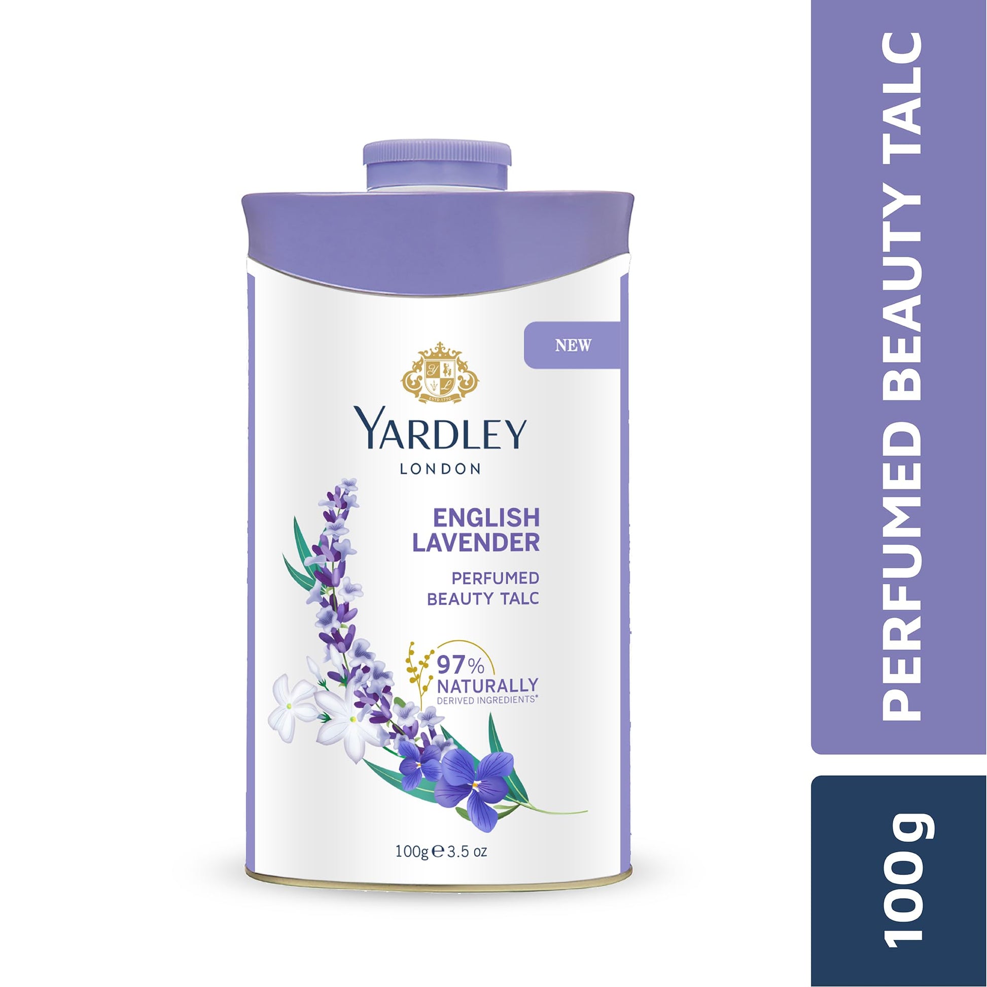 Luxury perfumed beauty talc bottle showing ingredients list on the back