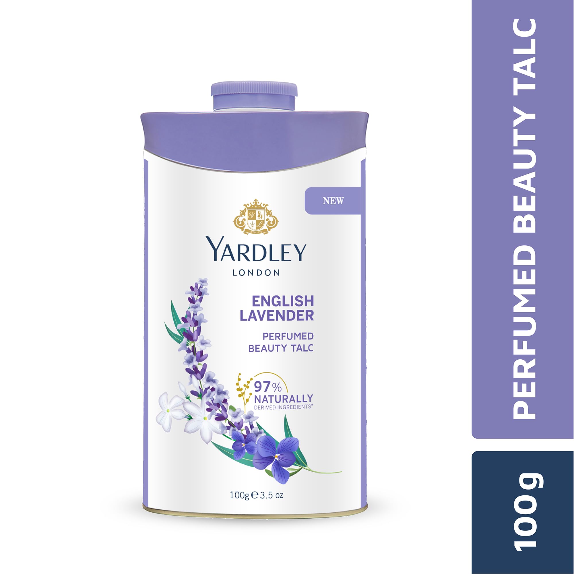 Luxury perfumed beauty talc bottle showing ingredients list on the back